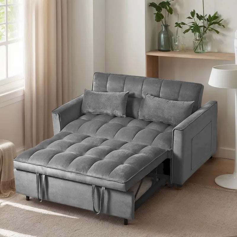 Divano letto futon moderno in velluto, divanetto piccolo con schienale reclinabile, cuscini decorativi, tasche