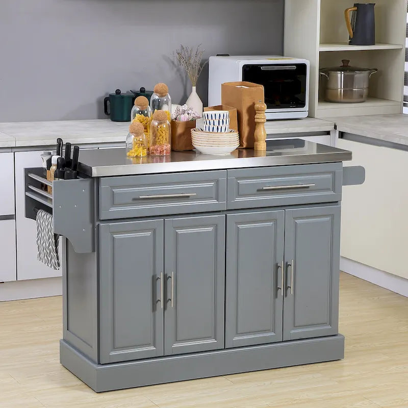 Isola da Cucina con Ruote e Contenitore, Carrello Cucina Portatile con Piano in Acciaio Inox, Grigio