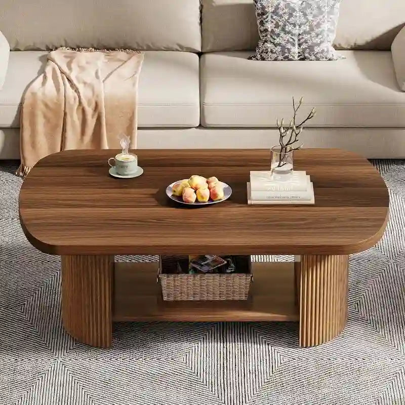 Tavolino da Caffè Rustico Tavolino da Tè in Legno con Ripiani Contenitori